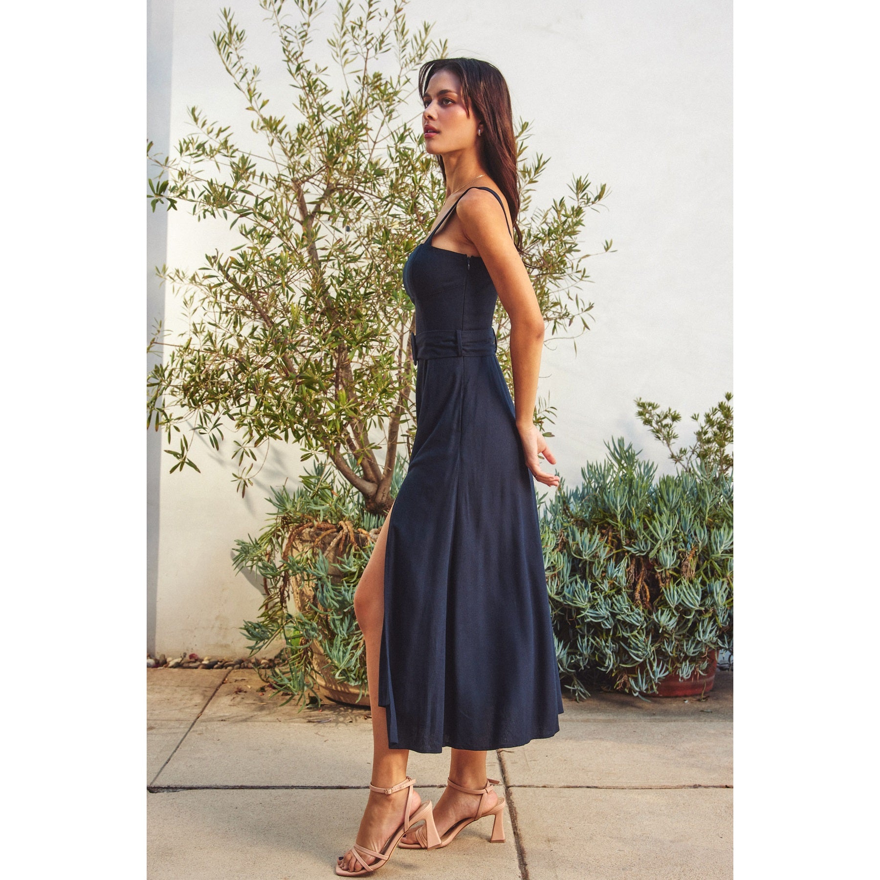 Linen Square Neck Buckle Midi Dress