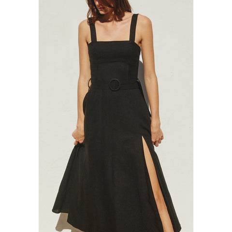 Linen Square Neck Buckle Midi Dress