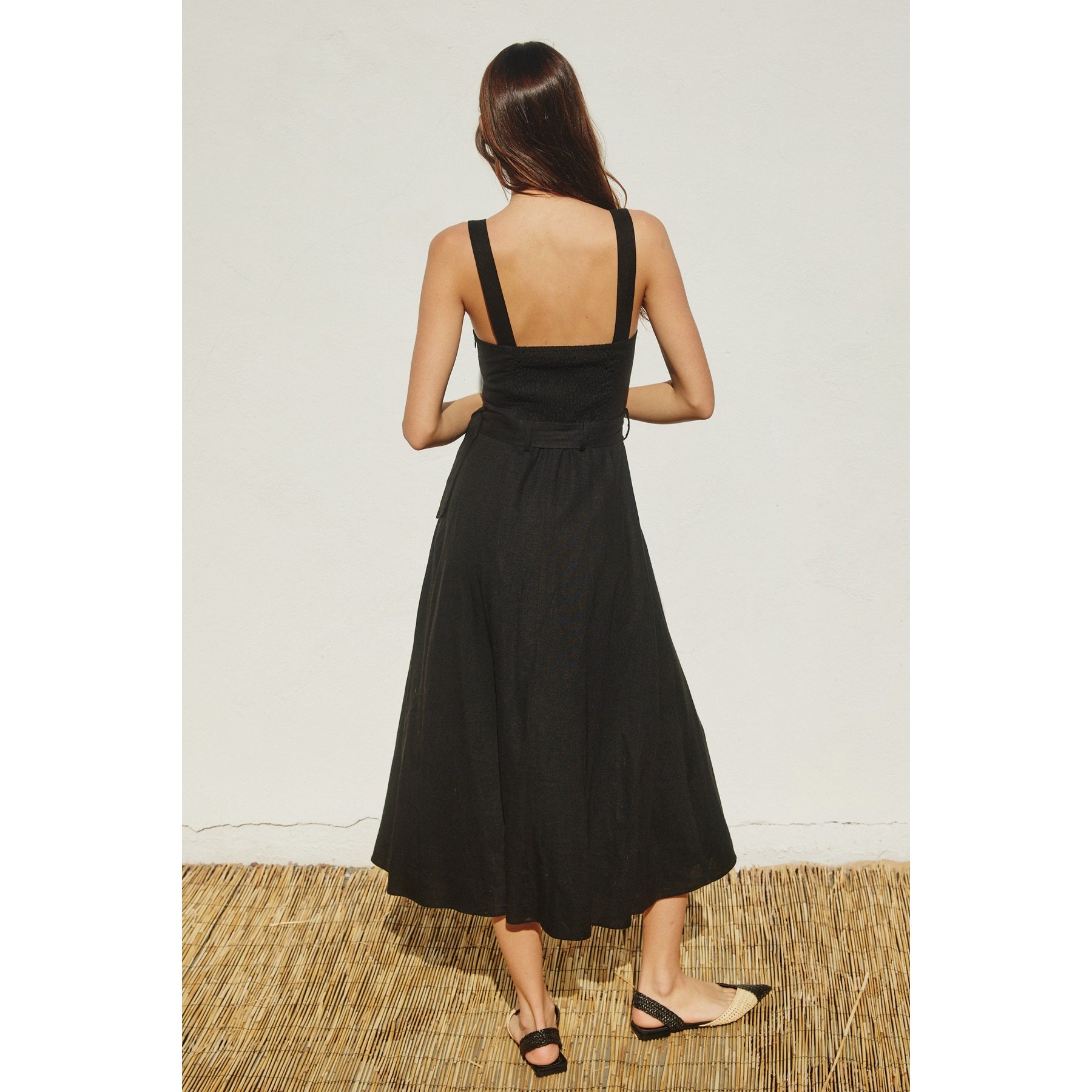 Linen Square Neck Buckle Midi Dress