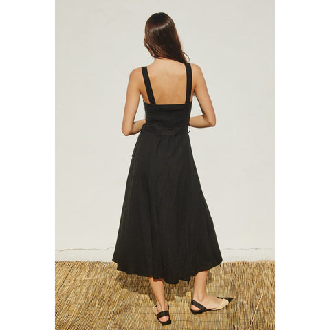 Linen Square Neck Buckle Midi Dress