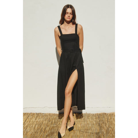 Linen Square Neck Buckle Midi Dress