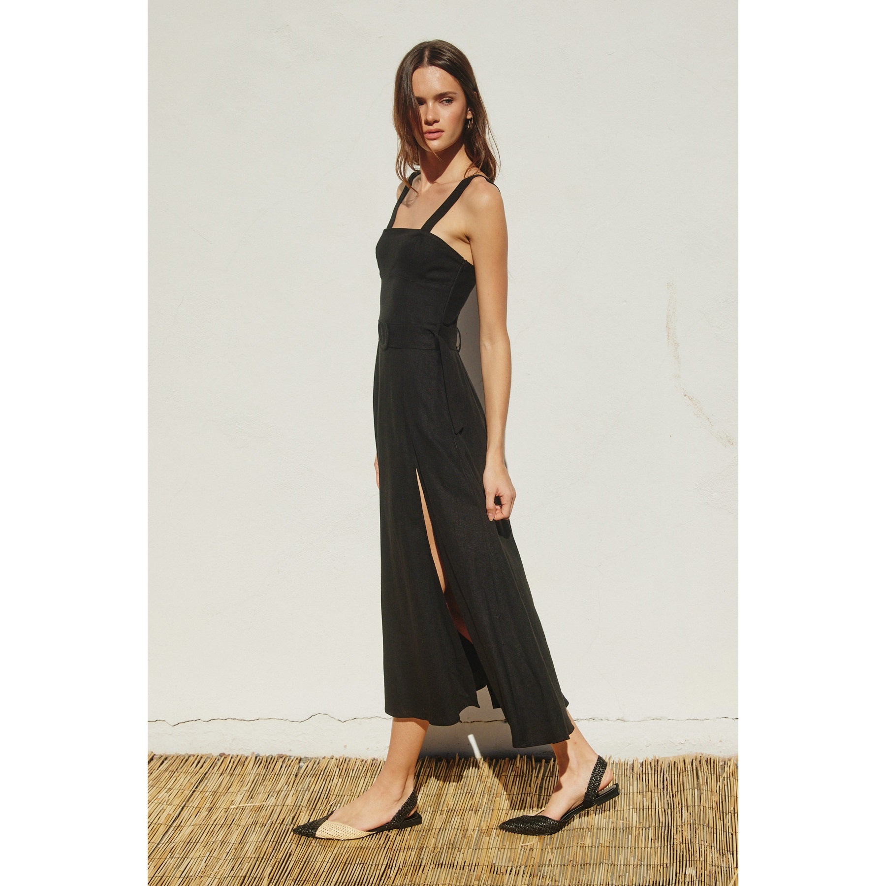 Linen Square Neck Buckle Midi Dress