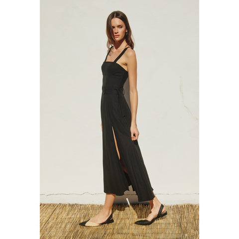 Linen Square Neck Buckle Midi Dress