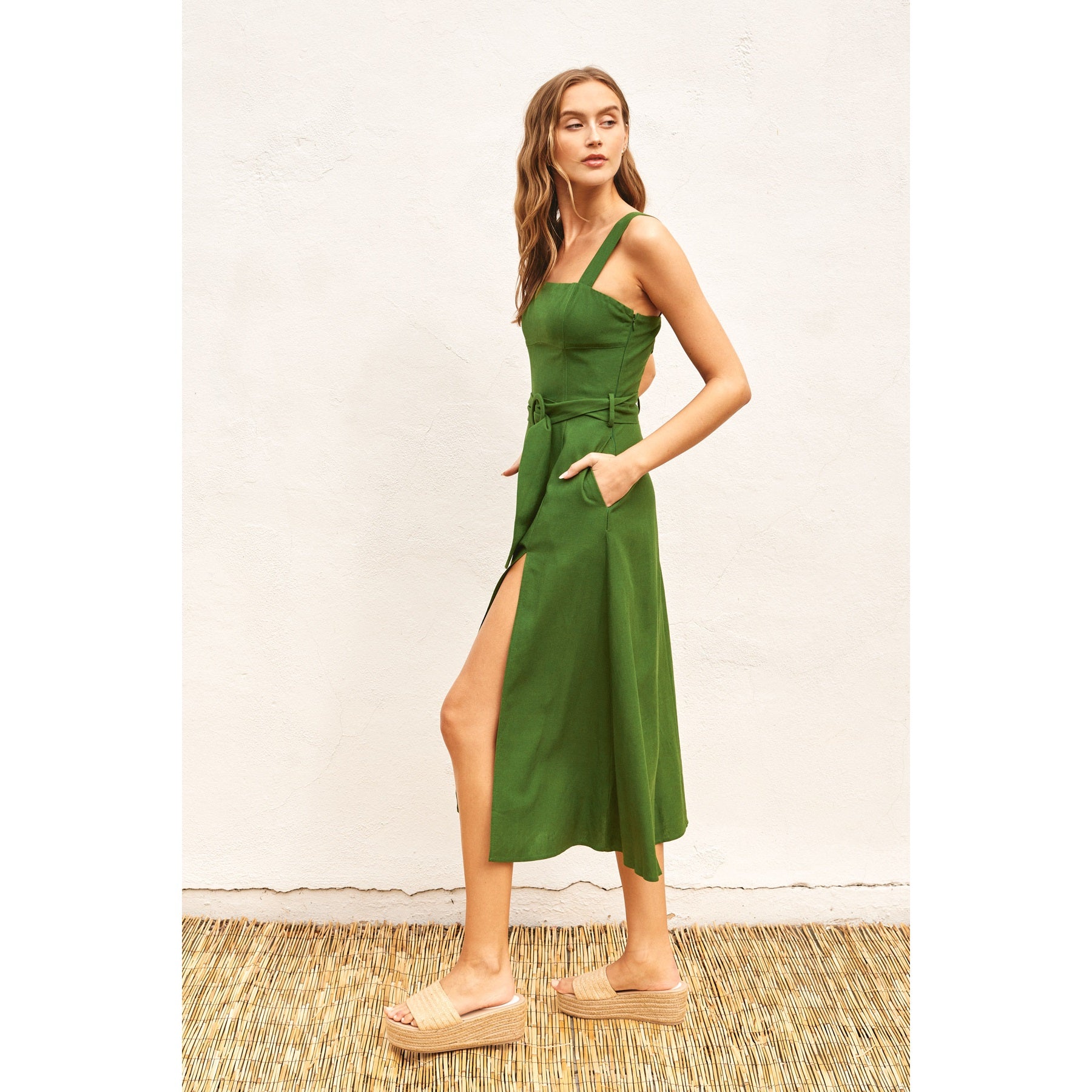 Linen Square Neck Buckle Midi Dress
