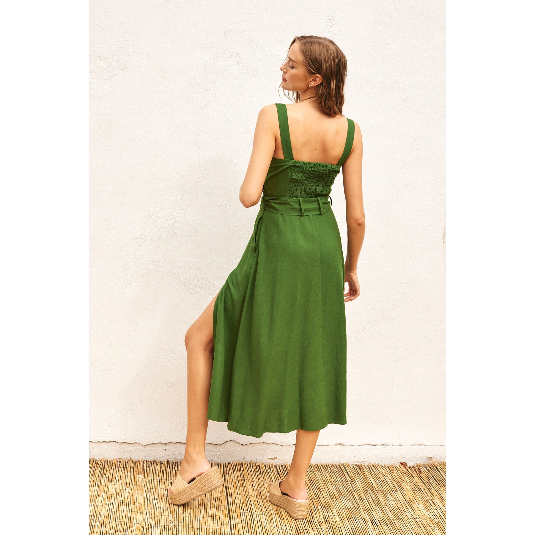 Linen Square Neck Buckle Midi Dress