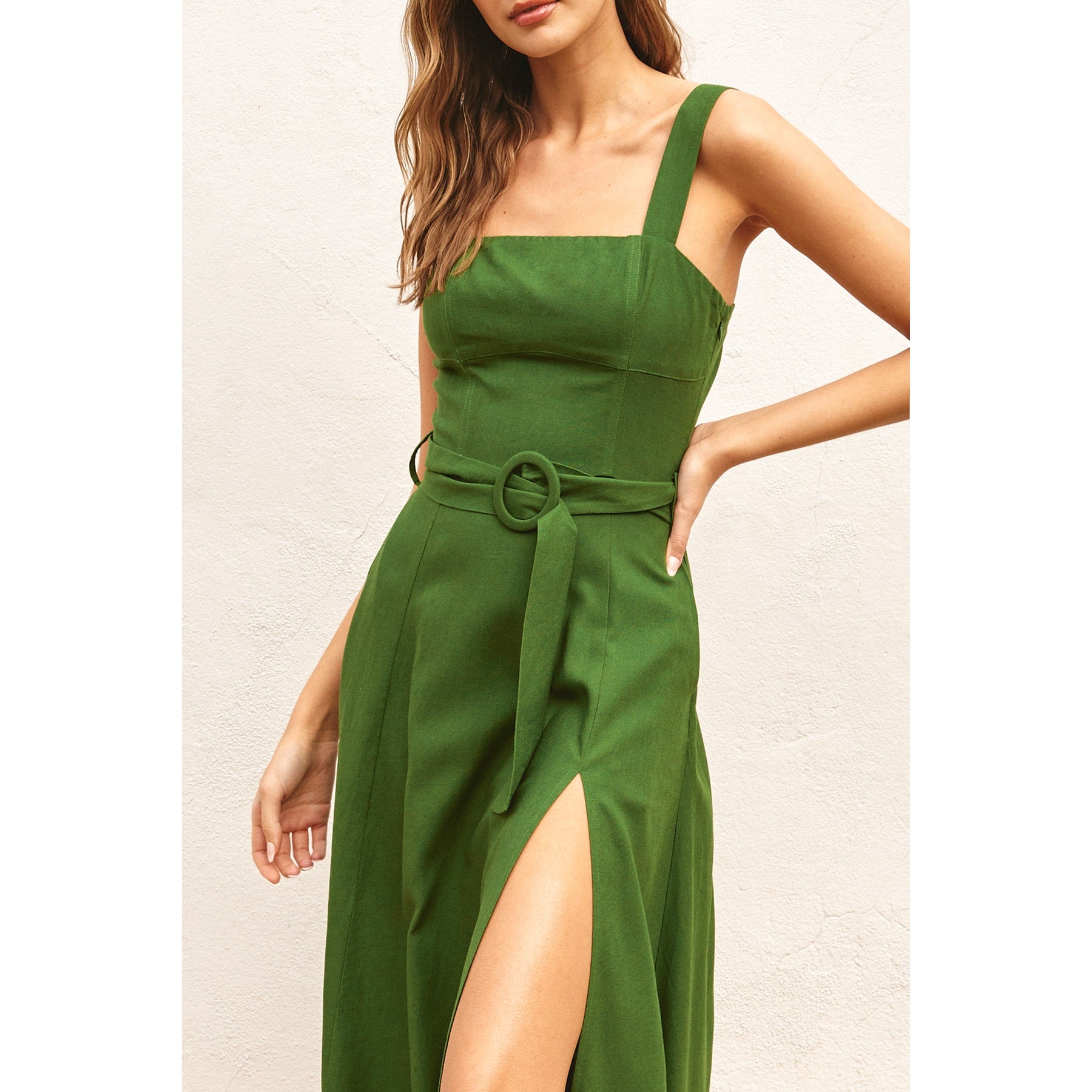 Linen Square Neck Buckle Midi Dress