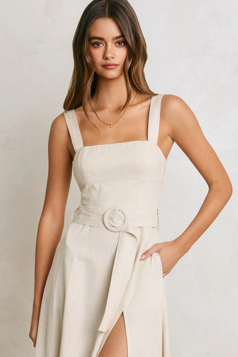 Linen Square Neck Buckle Midi Dress - Ivory