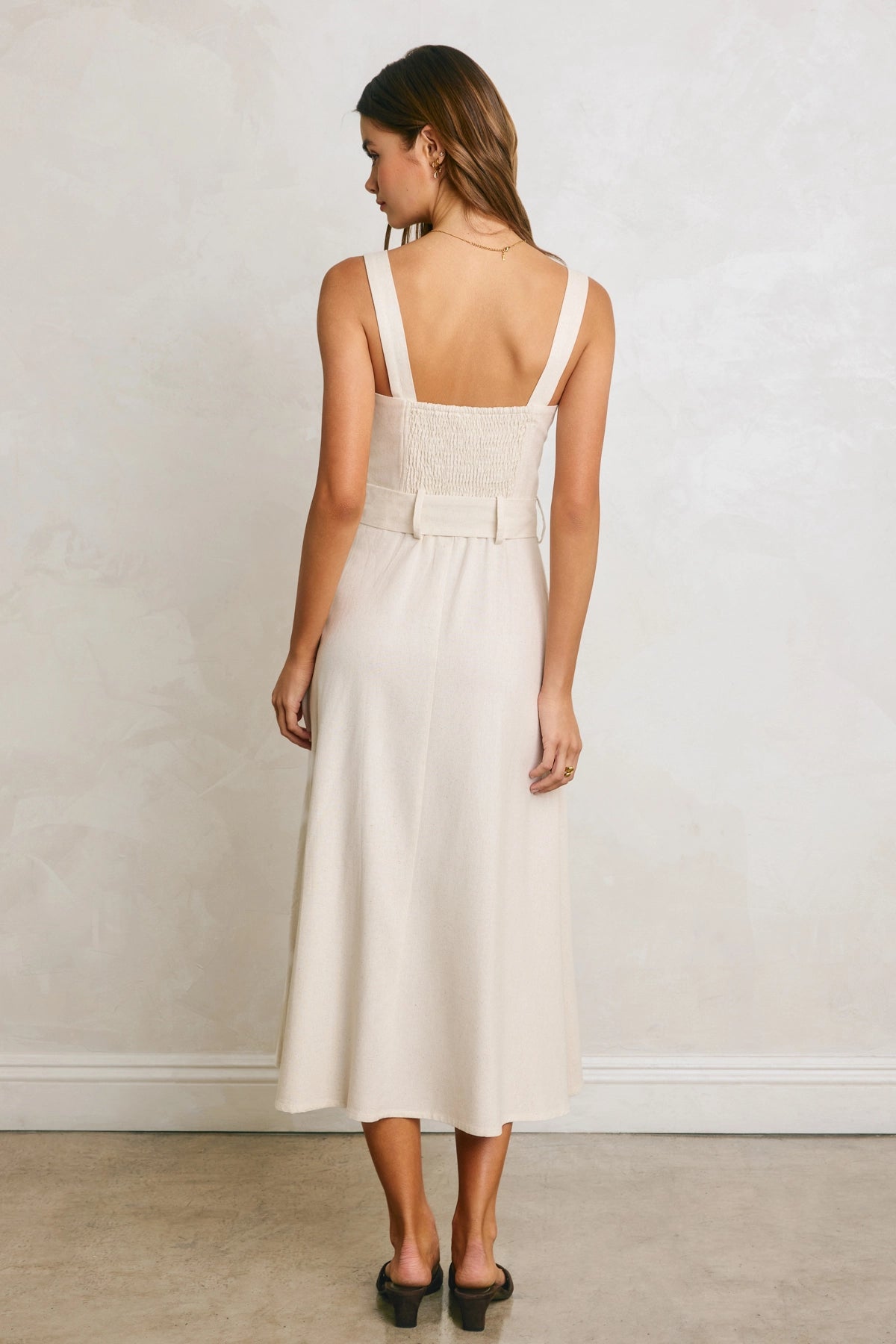 Linen Square Neck Buckle Midi Dress - Ivory