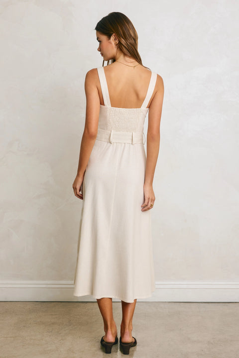 Linen Square Neck Buckle Midi Dress - Ivory