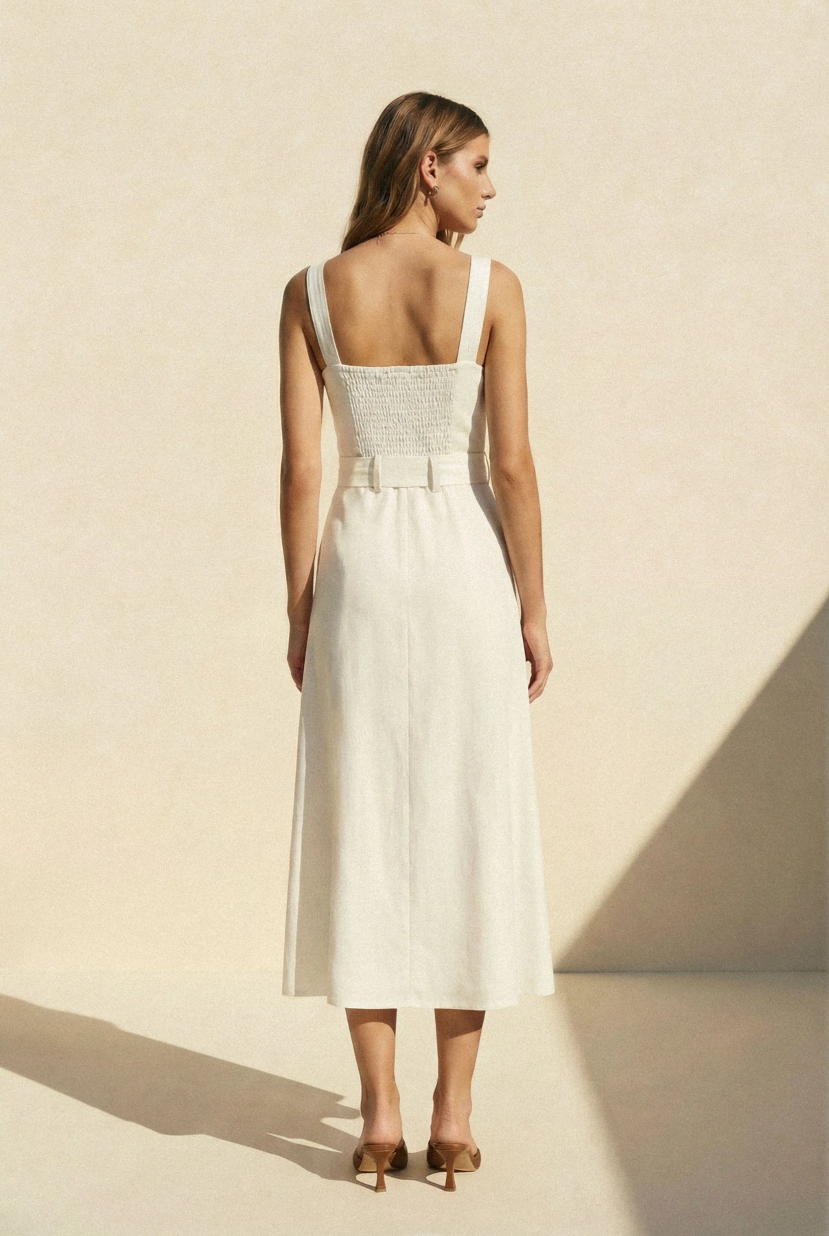 Linen Square Neck Buckle Midi Dress