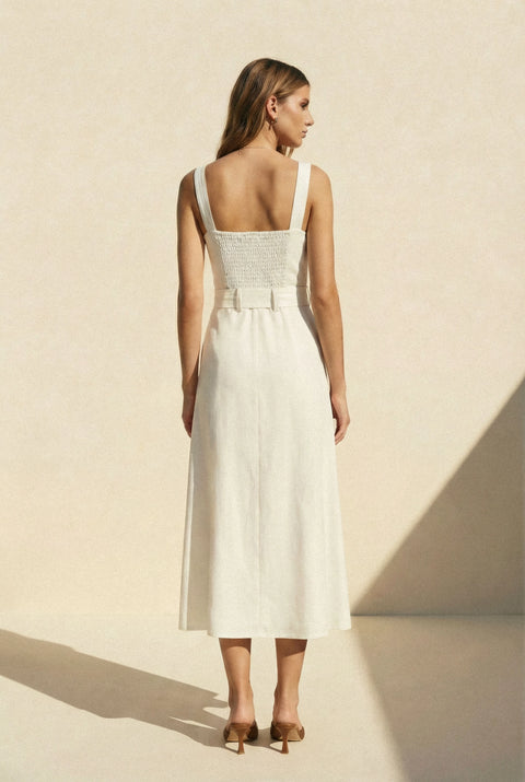Linen Square Neck Buckle Midi Dress