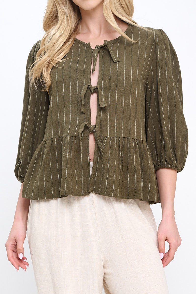 Linen Striped Puff Sleeve Top with Front Bow Detail-New Arrival-Reneecollection-Small-OLIVE-Urbanheer