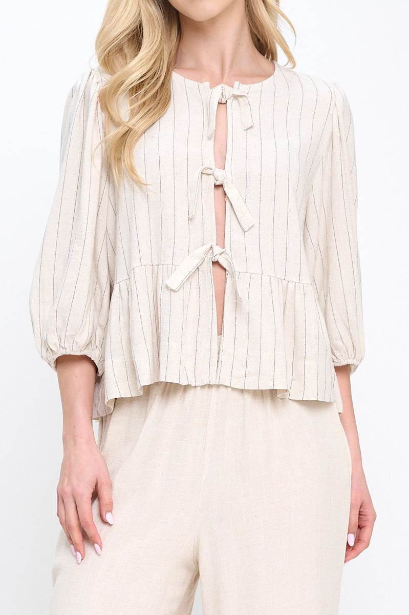 Linen Striped Puff Sleeve Top with Front Bow Detail-New Arrival-Reneecollection-Small-LINEN-Urbanheer