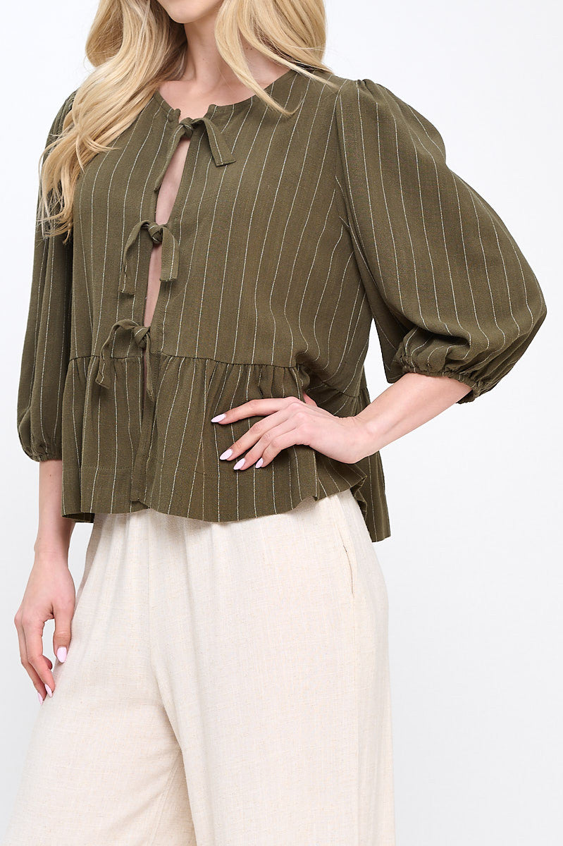 Linen Striped Puff Sleeve Top with Front Bow Detail-2