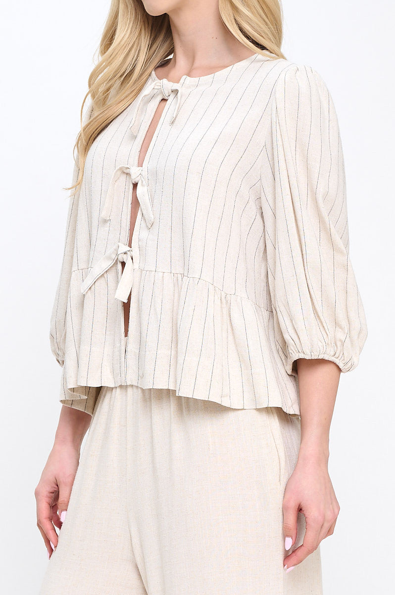 Linen Striped Puff Sleeve Top with Front Bow Detail-New Arrival-Reneecollection-Small-LINEN-Urbanheer