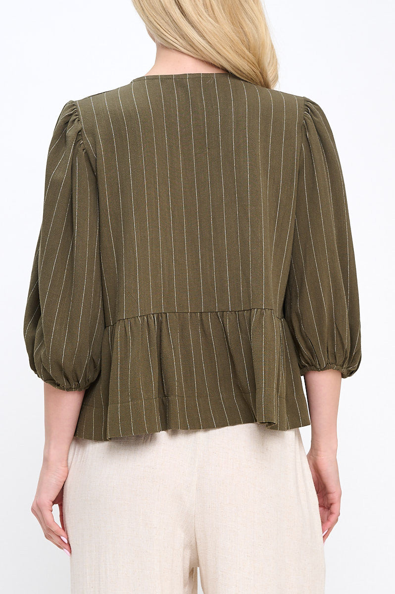 Linen Striped Puff Sleeve Top with Front Bow Detail-New Arrival-Reneecollection-Small-OLIVE-Urbanheer