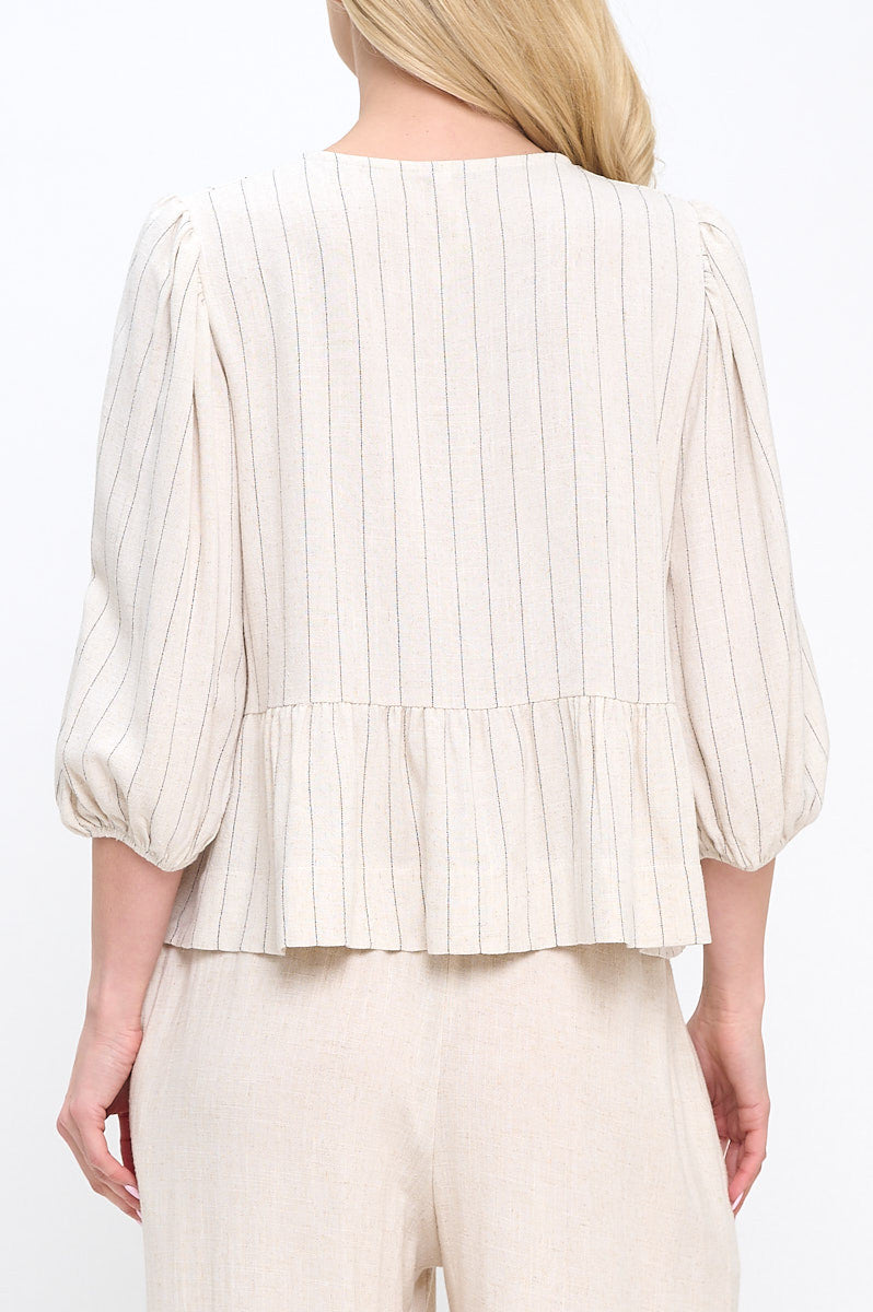 Linen Striped Puff Sleeve Top with Front Bow Detail-New Arrival-Reneecollection-Small-LINEN-Urbanheer
