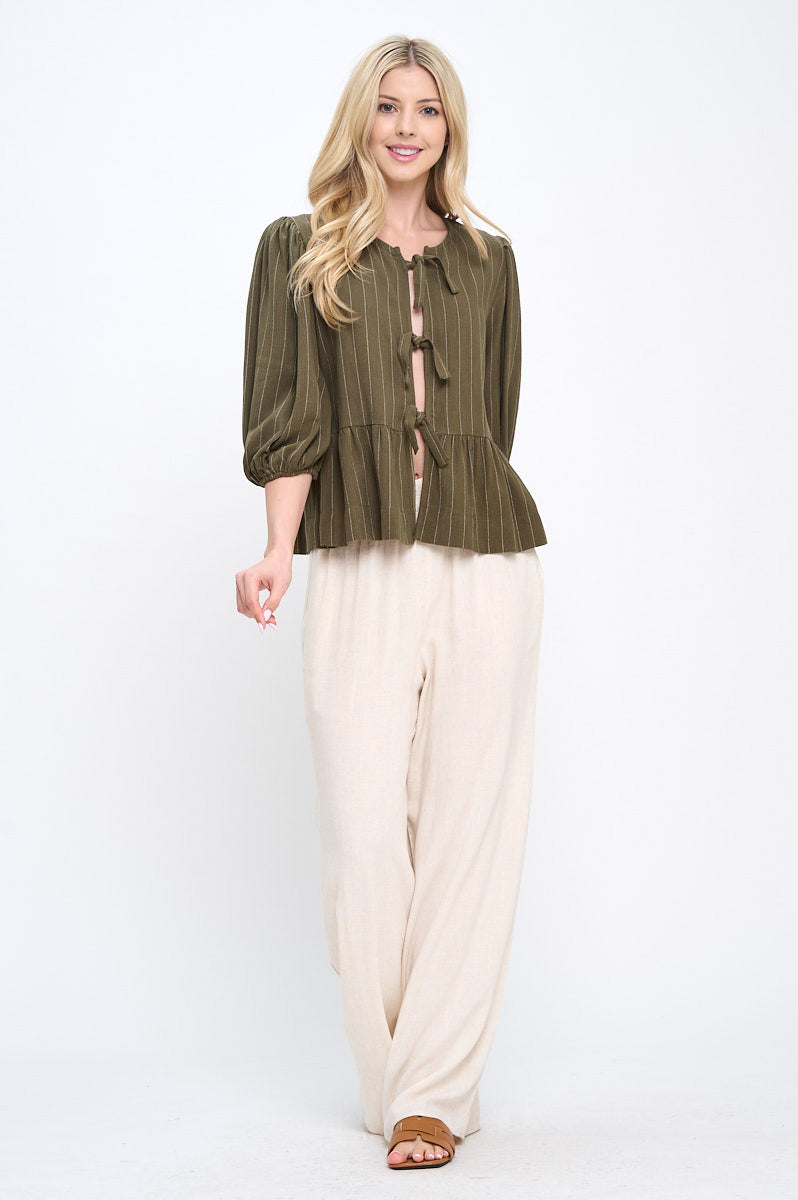 Linen Striped Puff Sleeve Top with Front Bow Detail-New Arrival-Reneecollection-Small-OLIVE-Urbanheer