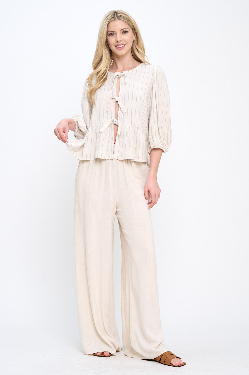 Linen Striped Puff Sleeve Top with Front Bow Detail-New Arrival-Reneecollection-Small-LINEN-Urbanheer