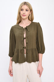 Linen Striped Puff Sleeve Top with Front Bow Detail-New Arrival-Reneecollection-Small-OLIVE-Urbanheer