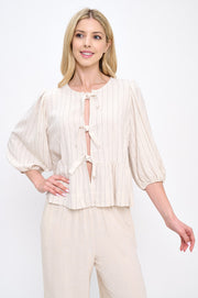 Linen Striped Puff Sleeve Top with Front Bow Detail-New Arrival-Reneecollection-Small-LINEN-Urbanheer