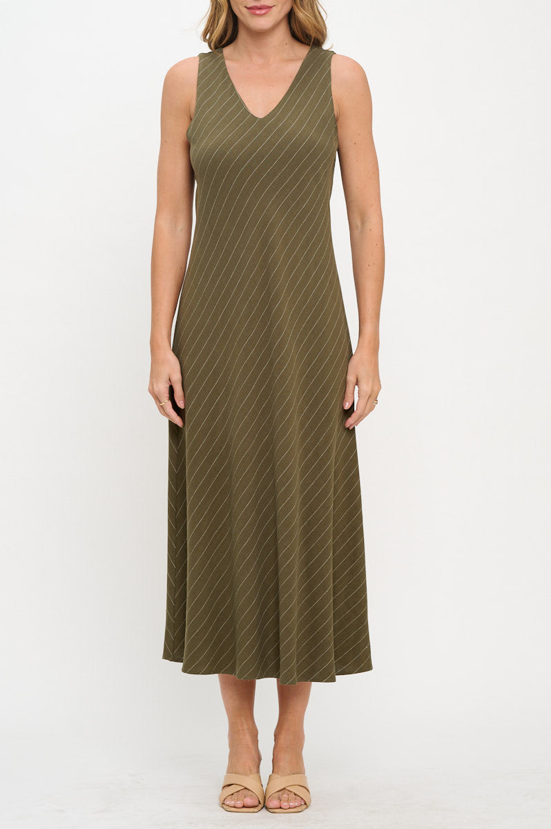 Linen Striped V neck Midi Dress-Dresses-Reneecollection-Small-OLIVE-Urbanheer