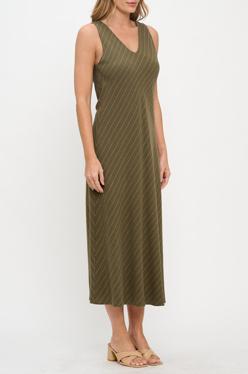 Linen Striped V neck Midi Dress-Dresses-Reneecollection-Small-OLIVE-Urbanheer