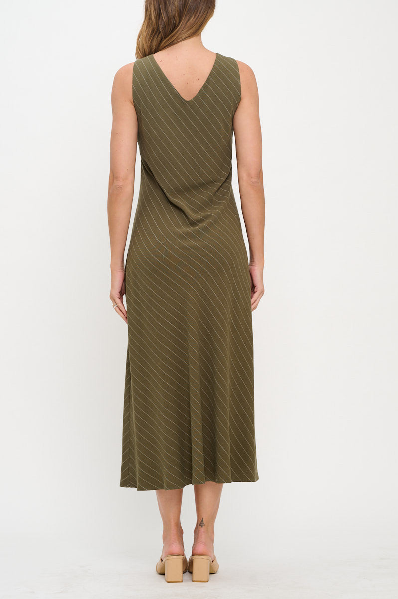 Linen Striped V neck Midi Dress-Dresses-Reneecollection-Small-OLIVE-Urbanheer