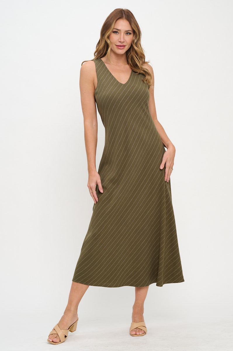 Linen Striped V neck Midi Dress-Dresses-Reneecollection-Small-OLIVE-Urbanheer