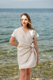 Linen Summer Wrap Mini Dress Beige-Dress-Moa-Beige-Urbanheer