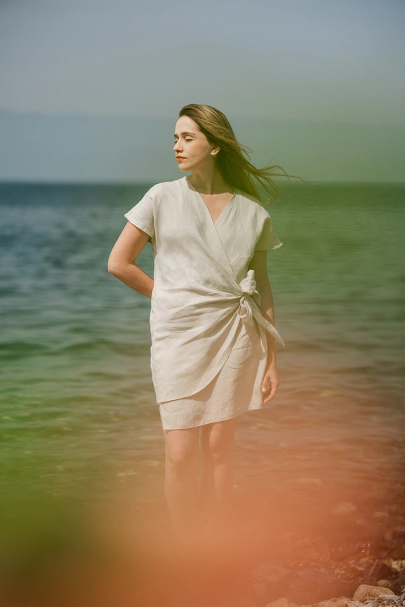 Linen Summer Wrap Mini Dress Beige-Dress-Moa-Beige-Urbanheer