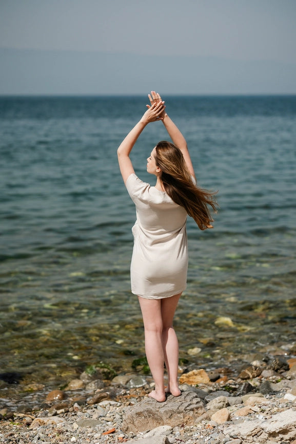 Linen Summer Wrap Mini Dress Beige-Dress-Moa-Beige-Urbanheer