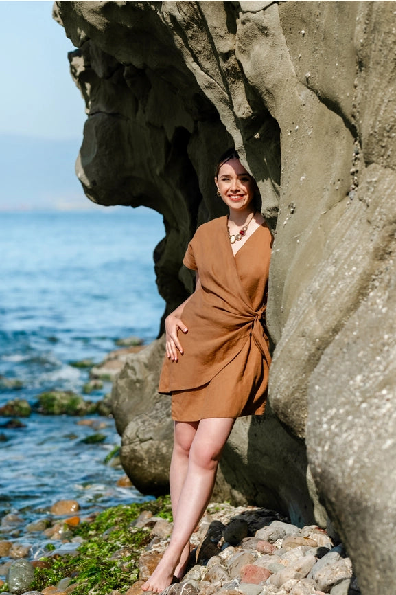 Linen Summer Wrap Mini Dress Brown-Dress-Moa-Brown-Urbanheer
