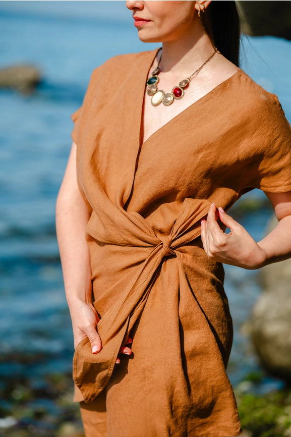 Linen Summer Wrap Mini Dress Brown-Dress-Moa-Brown-Urbanheer