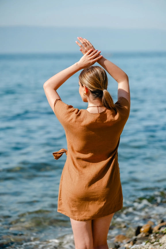 Linen Summer Wrap Mini Dress Brown-Dress-Moa-Brown-Urbanheer