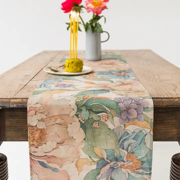Linen Table Runner in Vibrant Peonies Print On Natural-Table Runner-MagicLinen-16x79" / 40x200cm-Urbanheer