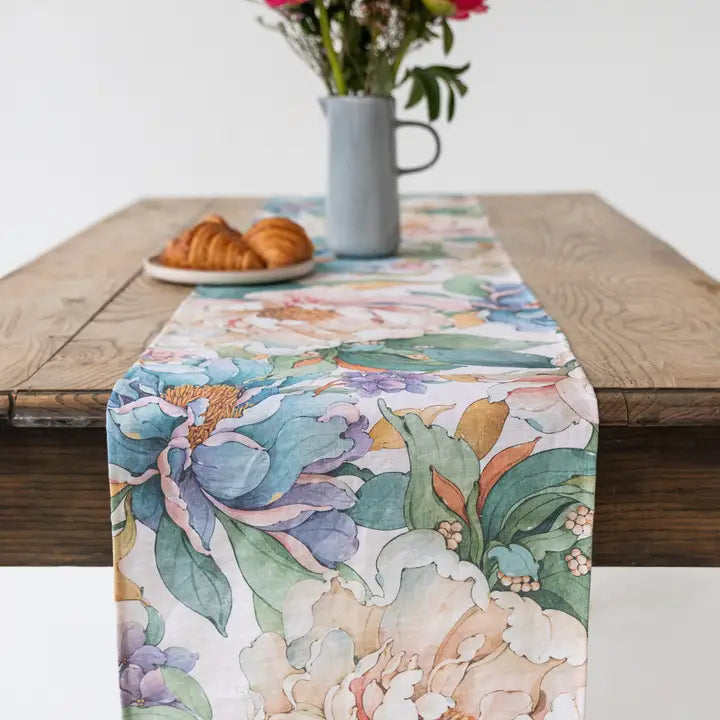 Linen Table Runner in Vibrant Peonies Print On White-Table Runner-MagicLinen-16x79" / 40x200cm-Urbanheer
