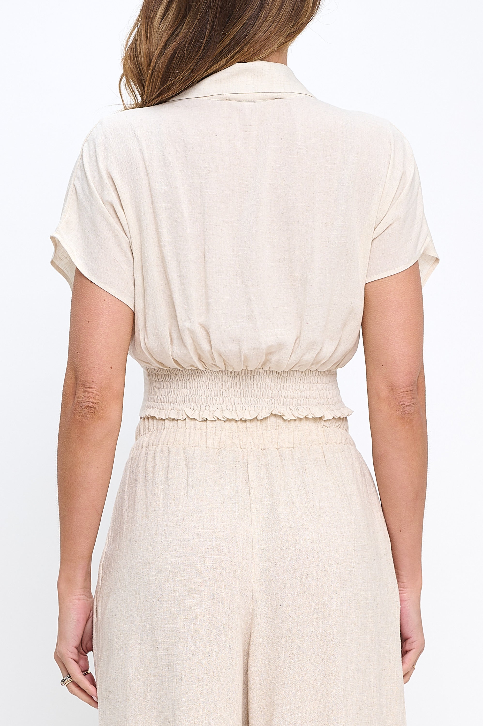 Linen V neck Collared Crop Top with Smock Detail-New Arrival-Reneecollection-Small-LINEN-Urbanheer