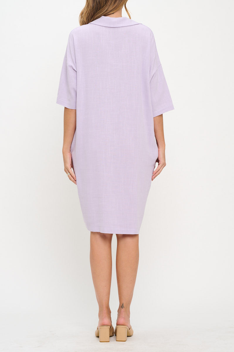 Linen V neck Collared Dress with Pockets-Dresses-Reneecollection-Small-LAVENDER-Urbanheer