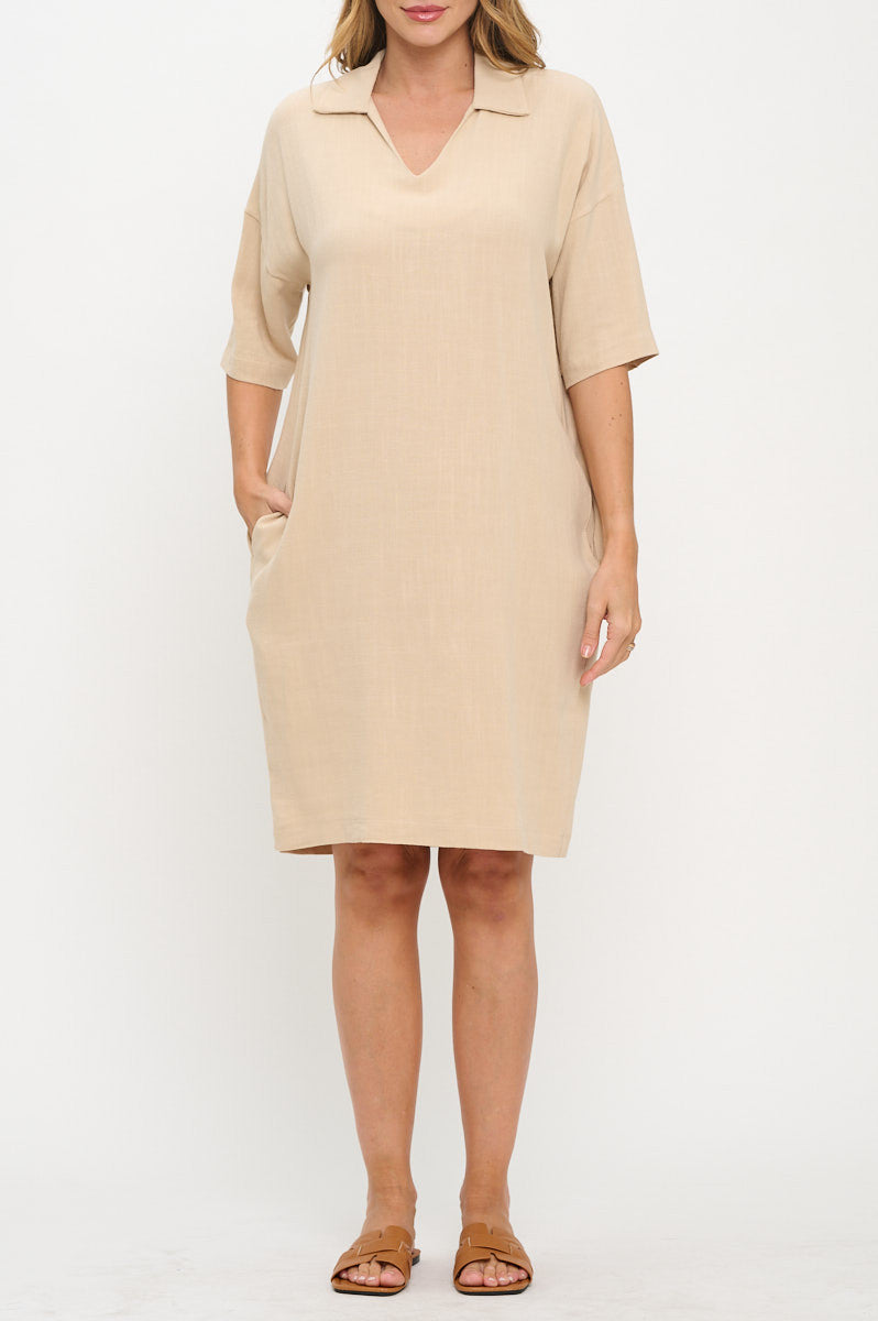 Linen V neck Collared Dress with Pockets-Dresses-Reneecollection-Small-KHAKI-Urbanheer