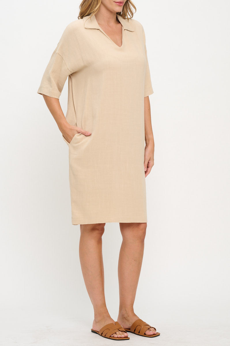 Linen V neck Collared Dress with Pockets-Dresses-Reneecollection-Small-KHAKI-Urbanheer