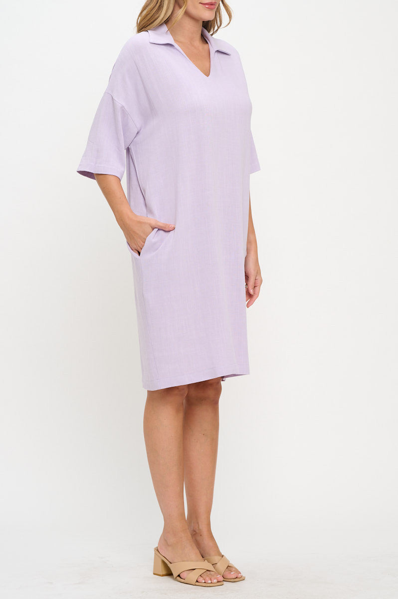 Linen V neck Collared Dress with Pockets-Dresses-Reneecollection-Small-LAVENDER-Urbanheer