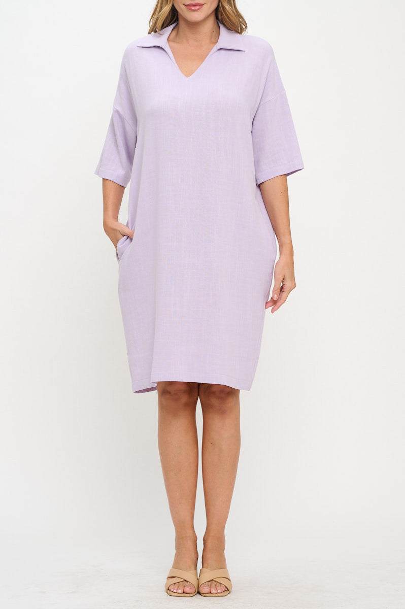Linen V neck Collared Dress with Pockets-Dresses-Reneecollection-Small-LAVENDER-Urbanheer