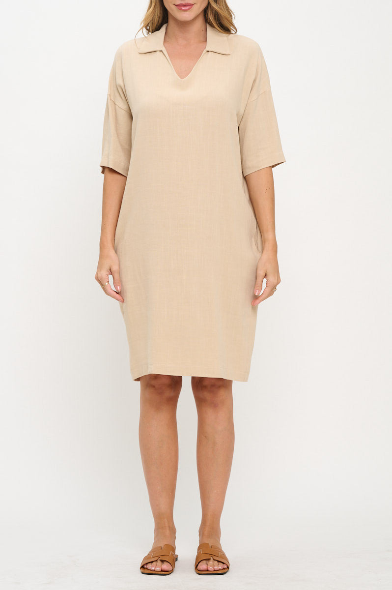 Linen V neck Collared Dress with Pockets-Dresses-Reneecollection-Small-KHAKI-Urbanheer