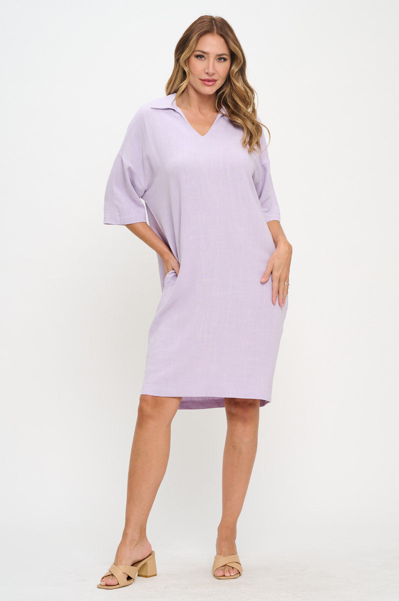 Linen V neck Collared Dress with Pockets-Dresses-Reneecollection-Small-LAVENDER-Urbanheer