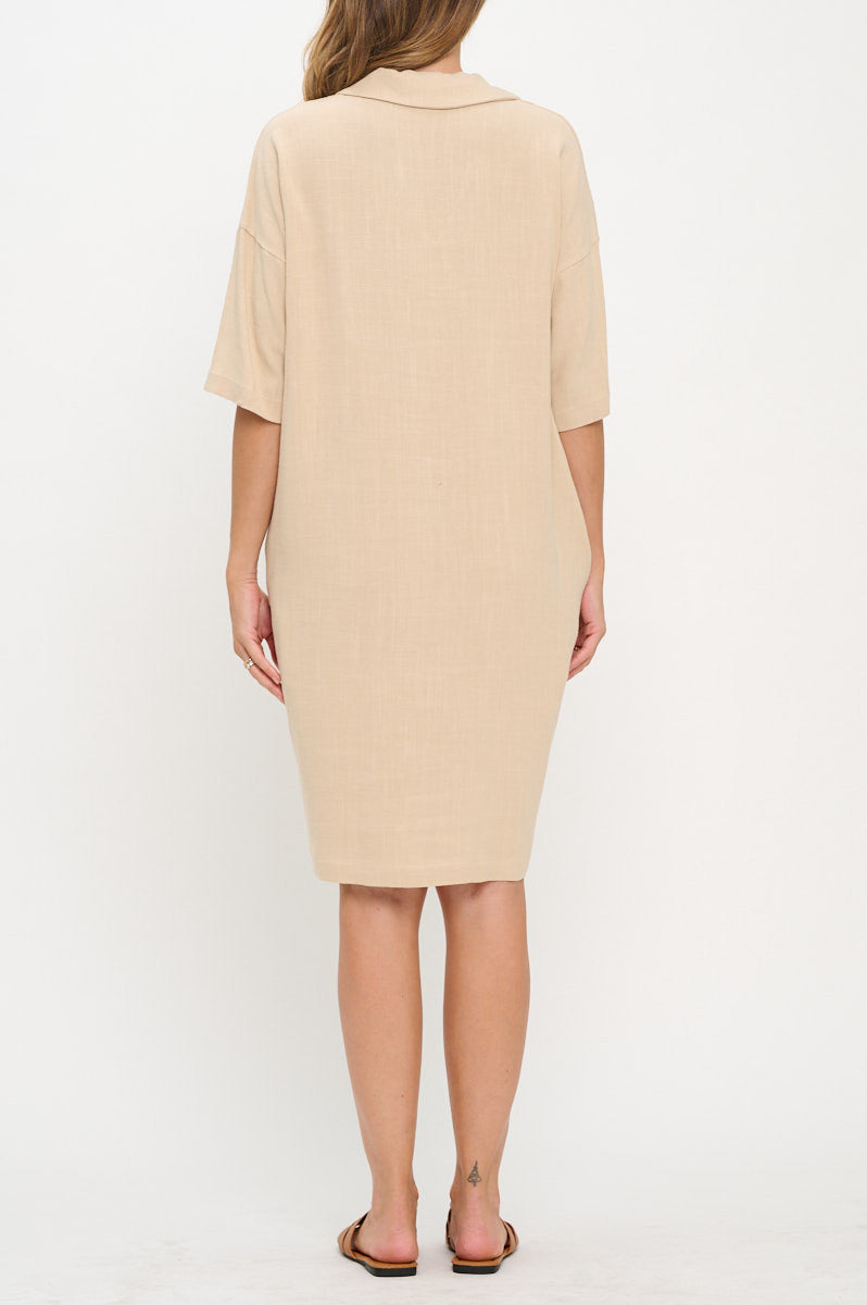 Linen V neck Collared Dress with Pockets-Dresses-Reneecollection-Small-KHAKI-Urbanheer