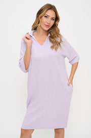 Linen V neck Collared Dress with Pockets-Dresses-Reneecollection-Small-LAVENDER-Urbanheer