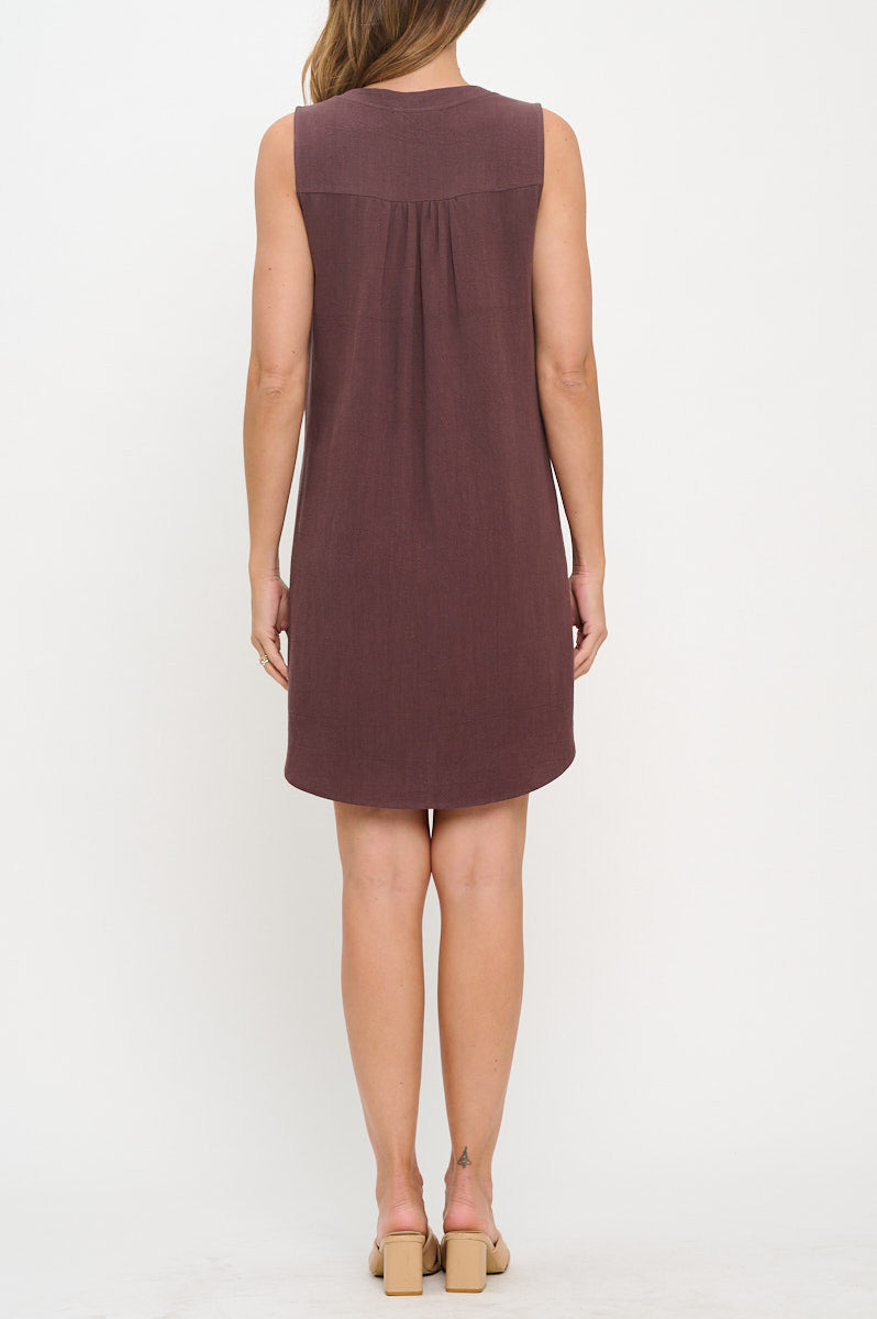 Linen V neck Sleeveless Dress with Curved Hem-Dresses-Reneecollection-Small-MOCHA-Urbanheer