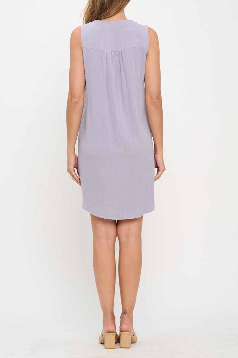 Linen V neck Sleeveless Dress with Curved Hem-Dresses-Reneecollection-Small-LAVENDER-Urbanheer