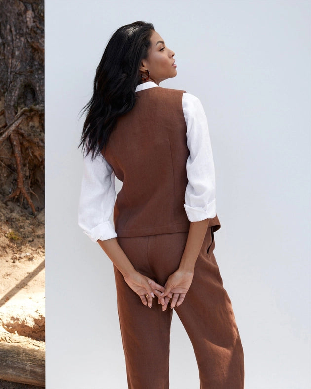 Linen Vest with Ties Sedilo in Cacao Brown-Vest-MagicLinen-XS-Urbanheer
